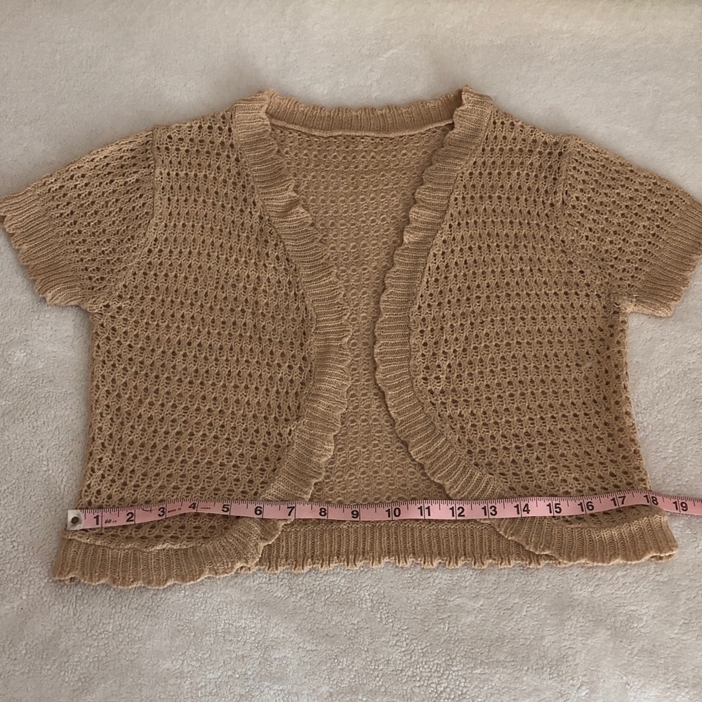 Beige Openwork Short-Sleeve Shrug - Women's Sweater - Picture 10 of 11
